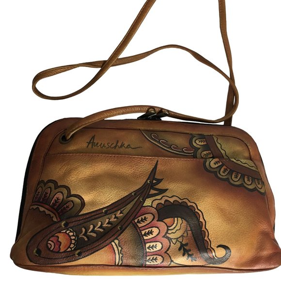 Anuschka NEVER USED Handpainted Leather Crossbody Bag Saddle Paisley - Picture 3 of 12